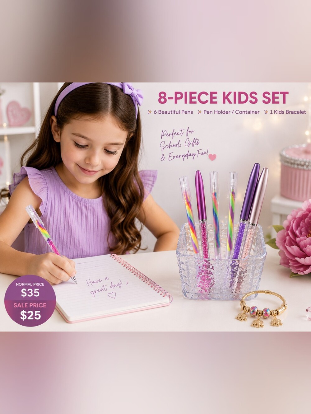 8-Piece Kids Colorful Pen Gift Set + Pen Holder & Elephant Charm Bracelet